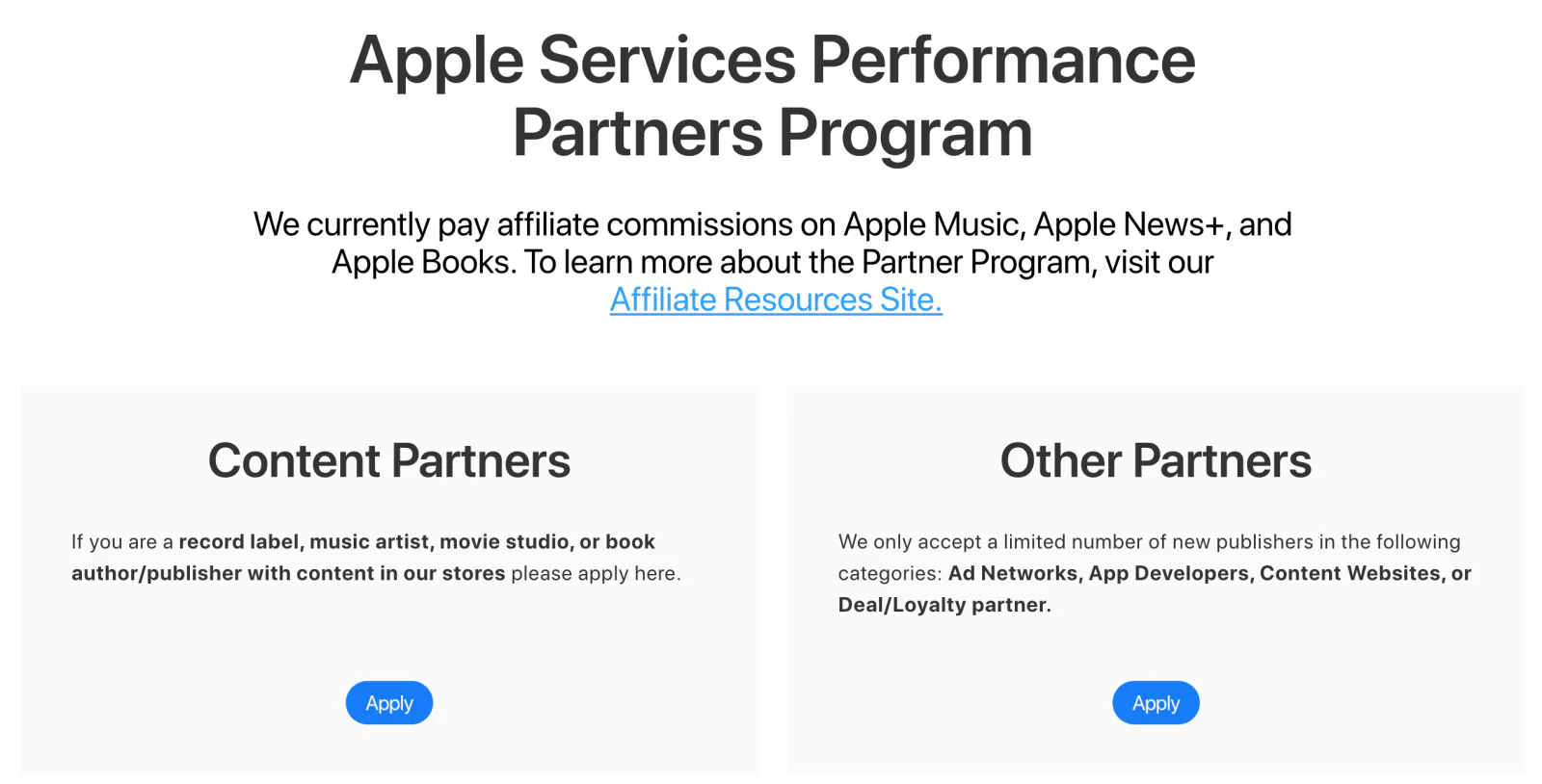Apple Services Performance Partners Programのトップページ。「Content Partners」と「Other Partners」の2枠が並ぶ