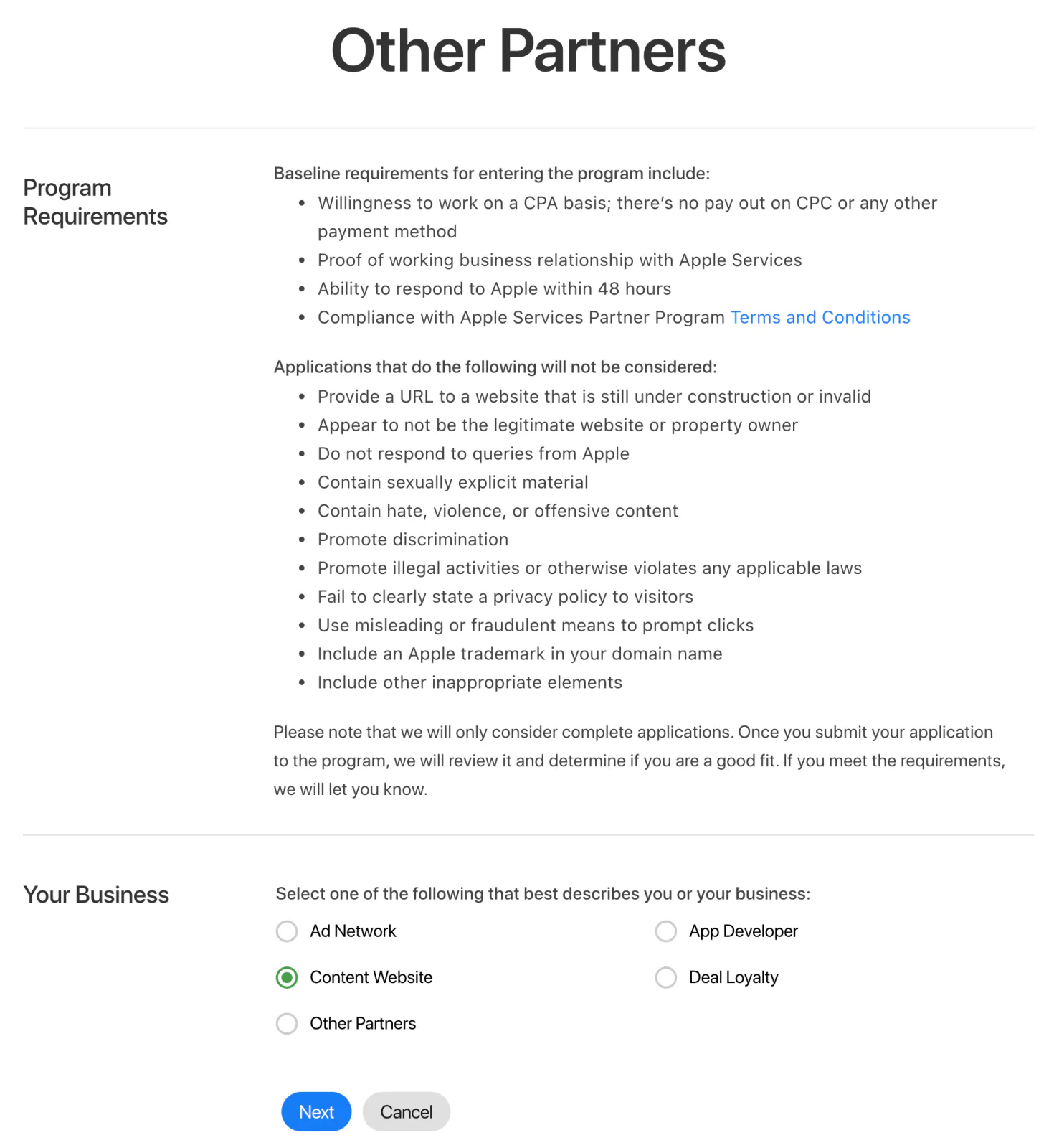「Other Partners」の申請ページ。プログラム要件の注意書きの下、Your Businessで「Content Website」を選択