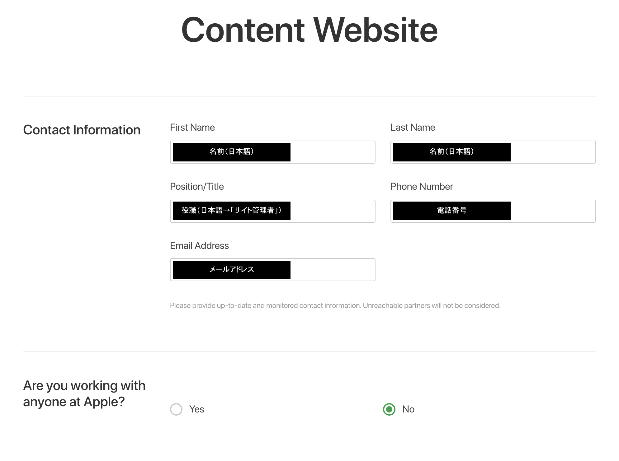 各種入力。日本語でも通ったという事例があったので、日本語で入力した。役職は会社ではないので難しいが無難に「サイト管理者」にした。